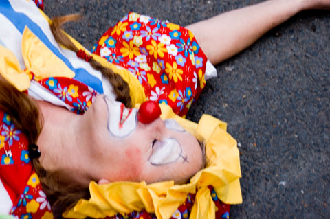 susie oddball on the ground knocked out by one of her own skittles outisde Joseph Grimaldi memorial church service in Dalston east London